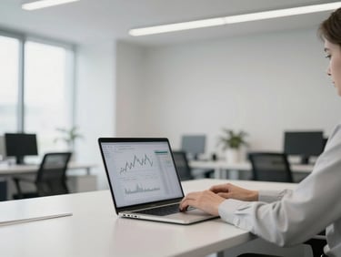 Modern clean office environment with a professional working on a laptop, screen showing financial charts, bright neutral daylight, cool desaturated tones, sharp focus, 35mm
