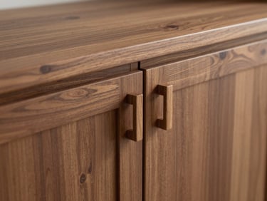 Close-up of zero-tolerance walnut kitchen cabinets with integrated handles, minimalist joinery, natural workshop side-lighting