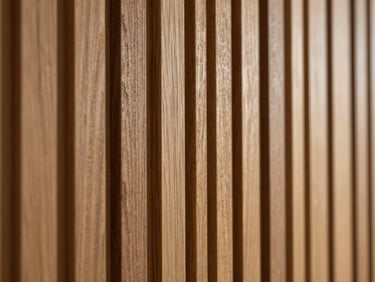 Macro detail of continuous vertical oak wall paneling in a high-end modern minimalist villa, sharp lines, dramatic side-lighting
