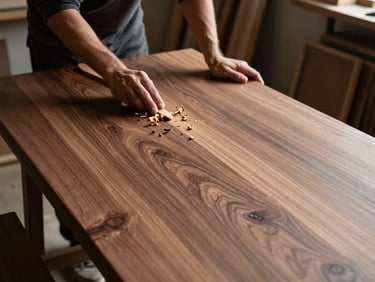 A master craftsman hand-planing a massive seasoned walnut dining table slab, wood shavings visible, low-key dramatic lighting
