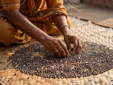 Traditional Bihari woman sorting sun-dried makhana seeds on a woven mat, with a gentle breeze, soft diffused daylight, rich earthy tones.