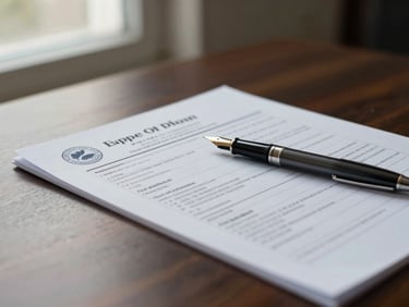 Close-up of official immigration documents and a fountain pen resting on a dark walnut desk, soft side-lighting from a window, shallow depth of field