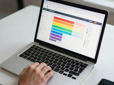 Close overhead shot of a laptop screen displaying a live CRM pipeline dashboard with color-coded deal stages, a hand resting on the trackpad, clean white desk surface under cool office lighting