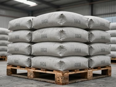 Close-up of stacked 40kg cement bags on a pallet, grade markings clearly visible, overcast warehouse overhead lighting, concrete floor beneath, dust motes in air