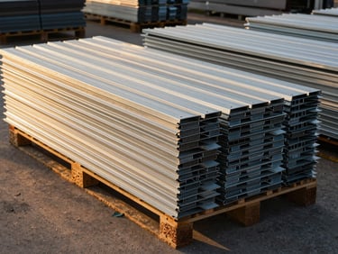 Golden-hour exterior shot of stacked metal roofing sheets and corrugated panels on a pallet yard, organized by gauge and profile, long shadows across the yard surface