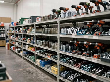 Wide warehouse shot of organized hardware tool shelving — drill bits, fasteners, wrenches and impact drivers in labeled bins, overcast warehouse daylight, dense stock visible across multiple bays