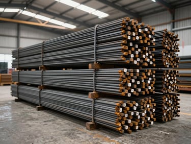 Wide shot of bundled rebar and angle bars stacked floor-to-ceiling on industrial racking, cool-white warehouse overhead lighting, grade stamps visible on bar ends, concrete floor