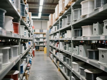 Warehouse aisle of electrical conduit, wire spools, and panel components on organized shelving, labels and gauge specs visible, cool-white overhead fluorescent lighting, stock depth visible in background