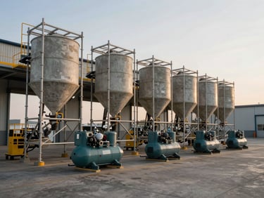 Wide environmental shot of heavy industrial equipment — scaffolding frames, concrete mixers, and compressor units staged on a warehouse dock in organized rows, golden-hour light entering through open bay doors