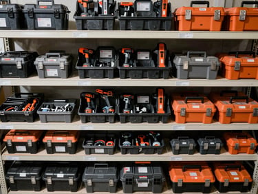 Overhead bird's-eye view of organized hardware tool bins and power tool boxes arranged on warehouse shelving, even shadowless daylight, labels facing outward