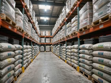 Wide environmental shot of a warehouse aisle, floor-to-ceiling shelving packed with labeled cement bags and steel rebar bundles, overcast warehouse daylight from skylights above, cool-white overhead fluorescents, deep inventory density visible in background