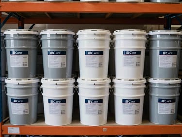 Overhead shot of lined-up paint drum inventory on warehouse shelving — five-gallon buckets in primer gray, white, and pigmented finishes with visible label specs, even overcast warehouse lighting