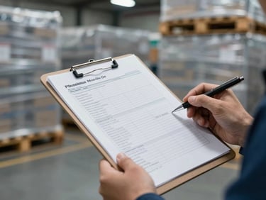 Close-up framing of hands gripping a clipboard reviewing a bulk order manifest on a warehouse floor, stacked pallets wrapped in stretch film visible in the background under cool overhead light, shallow focus on paperwork