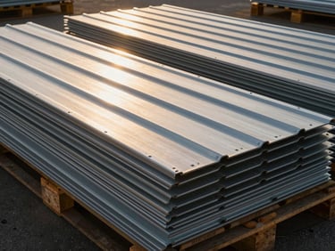 Golden-hour exterior shot of roofing sheets and corrugated metal panels stacked in organized rows on a yard pallet system, long shadows, material texture and gauge markings visible