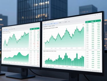 Close-up of a dual-monitor setup in a Hong Kong high-rise office at blue hour, displaying clean jade-green financial charts, predictive cash flow graphs, and data streams, sharp focus, modern corporate style.