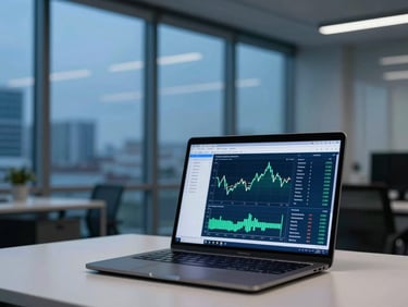 Clean corporate tech workspace, a laptop screen showing algorithmic risk analysis graphs, cool blue-hour window light reflecting on glass.