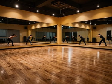 Wide environmental shot of a vibrant, clean aerobics studio with wooden flooring, warm accent lighting reflecting off the mirrors