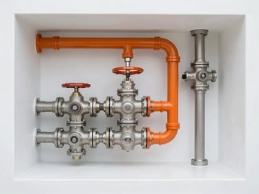 Clean, organized commercial plumbing pipes and valves in a utility room, bright industrial lighting, clean architectural framing, 35mm