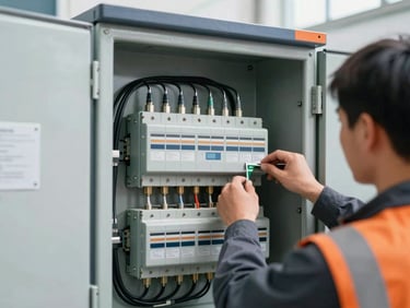 Close-up of a technician working on a complex commercial electrical panel, crisp industrial lighting, safety orange accents, 35mm