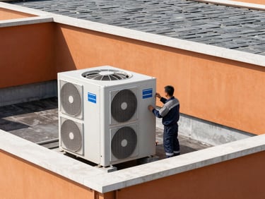 Technician inspecting a large commercial HVAC unit on a rooftop, bright daylight, industrial slate and orange tones, clean architectural framing, 35mm
