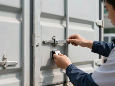 Close-up of a secure cargo truck container being inspected under bright daylight, highlighting the high-security seal and professional handling.