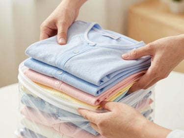 Close-up details of hands neatly placing a stack of perfectly folded pastel-colored shirts into a clean, clear bag, warm natural lighting