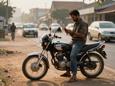 Okada motorcycle waiting at a dusty roadside in Douala, golden hour side-light, rider checking a feature phone, blurred urban traffic in background