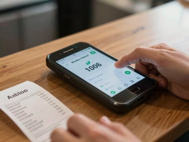 Close-up, warm morning light, a hand tapping a mobile money agent interface on a basic Android phone, a printed receipt partially visible on a wooden counter beside