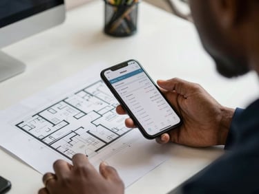 Real estate agent reviewing property listings on a smartphone at an open-air office in Abidjan, north-facing daylight, printed floor plans visible on desk