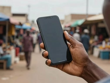 Hands holding a basic smartphone mid-call in a busy open-air market in Dakar, overcast daylight, blurred vendor stalls in background, focus on fingers on screen