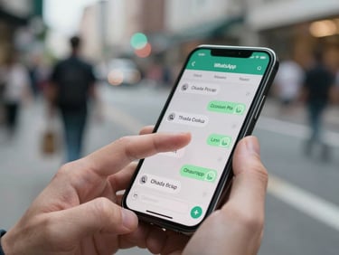 Close-up, north-facing daylight, fingers scrolling a WhatsApp confirmation thread on a phone, options for okada pickup visible on screen, busy street background softly out of focus