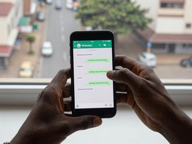 Overhead flat-lay, overcast daylight, two hands composing a WhatsApp message on an Android phone, screen showing a text thread, Abidjan street visible through a window behind