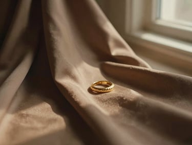 Cinematic close-up of gold heritage jewelry resting on draped espresso silk fabric, soft shadows.