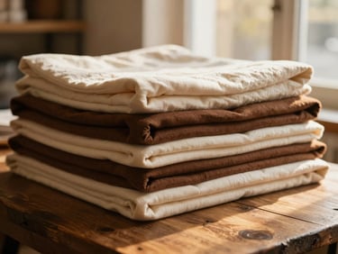 A stack of rich brown and soft cream fabric bolts resting on a rustic wooden table in a warm boutique, golden-hour light.