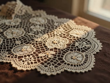Extreme close-up of intricate cream lace detailing on deep espresso fabric, warm candlelit glow, shallow depth of field.