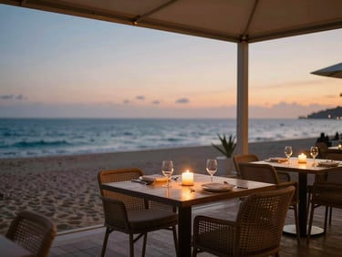 Elegant open-air beachfront dining deck at dusk, ambient candlelight, ocean horizon, warm contemporary tones, 35mm
