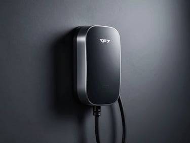 Sleek wall-mounted EV home charger on a clean modern garage wall, dramatic studio lighting, high-contrast metallic details, professional commercial style