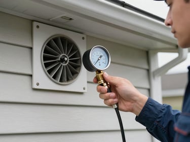 Technician holding an airflow meter at the exterior dryer vent hood, reading the gauge, residential siding visible in background, overcast light