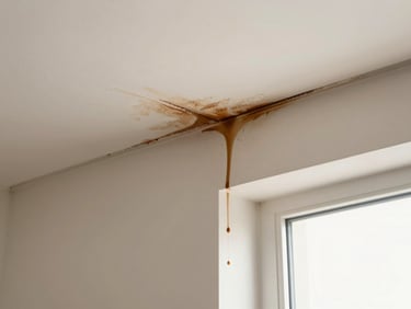 Close-up of a water-stained ceiling corner with a brown drip trail leading to a visible gap in roofing material above, natural interior light, damage detail clear