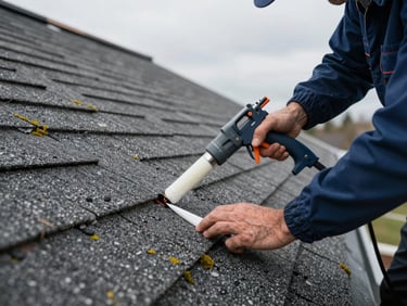 Technician on a residential roof in soft overcast light, applying sealant around a flashing joint with a caulk gun, asphalt shingles and moss patches visible nearby