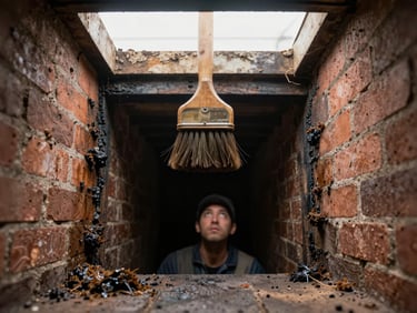Looking up from inside a chimney flue, a technician's brush descending from above, creosote deposits visible on brick walls, soft daylight from the open top