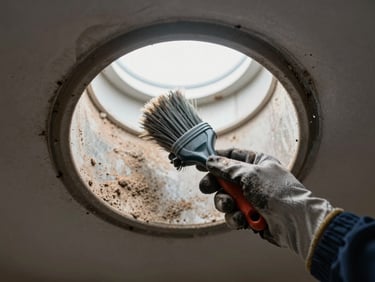 Close-up overhead view inside a residential air duct, technician's gloved hand holding a brush tool, dust and debris visible on the duct walls, natural light from a vent opening