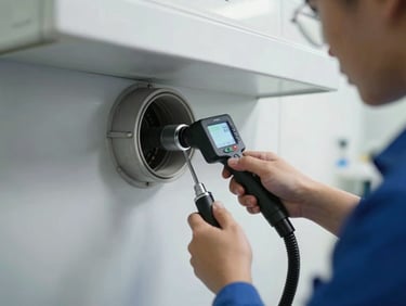 Technician using a flexible inspection camera inserted into a dryer vent duct, reading the display, overcast natural light in a laundry room