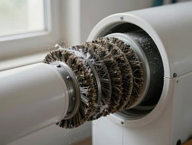 Rotary brush head entering a white dryer vent pipe, lint debris visible around the opening, soft daylight from a nearby window