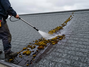 Wide-angle view of a residential roof under soft overcast light, a technician on the left side pressure-washing moss and algae from grey shingles, clean section visible beside the stained area