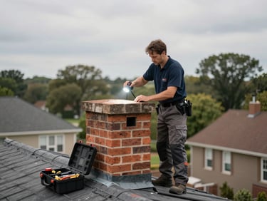 Wide shot of a PureAir360 technician on a residential rooftop beside a brick chimney, overcast natural light, inspecting the chimney crown with a flashlight, tools and equipment case visible on the roof surface nearby