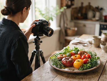Over-the-shoulder shot of a photographer adjusting a camera on a tripod, focusing on a rustic plate of fresh heirloom tomatoes and herbs, soft diffused side-light, rich crimson and forest green tones, shallow depth of field