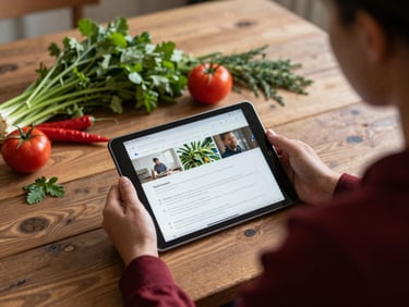Over-the-shoulder shot of a social media strategist planning content on a tablet, rustic wooden table, fresh herbs and vegetables nearby, soft side-light