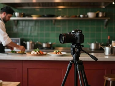 A camera on a tripod in a cozy, dimly lit restaurant kitchen, chef's hands in the background preparing food, soft side-light, rich crimson and forest green tones