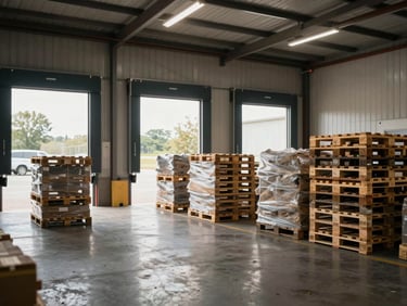 Wide shot inside a regional distribution warehouse, multiple smaller pallets organized near loading dock doors, natural daylight entering from dock openings, no people visible